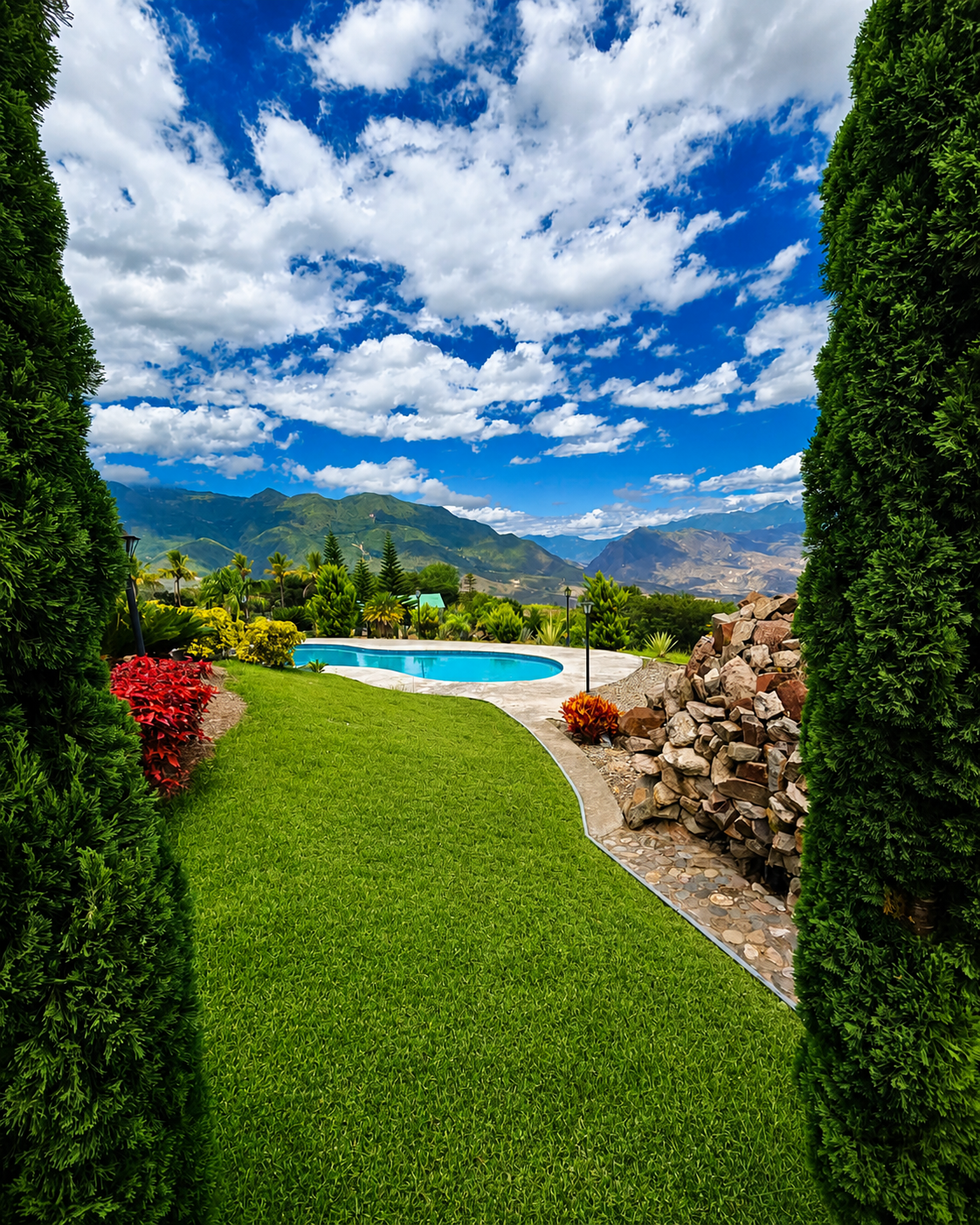 Piscina y jardín verde